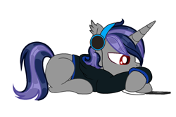 Size: 1500x1000 | Tagged: safe, artist:sarahsuresh-art, imported from derpibooru, oc, oc:dreaming star, bat pony, bat pony unicorn, hybrid, pony, unicorn, base used, bat pony oc, clothes, fangs, headphones, hoodie, horn, listening to music, male, phone, red eyes, sad, simple background, solo, stallion, transparent background