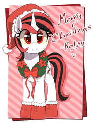 Size: 900x1200 | Tagged: safe, artist:thebatfang, imported from derpibooru, oc, oc:blackjack, pony, unicorn, fallout equestria, fallout equestria: project horizons, christmas, clothes, cute, female, hat, holiday, horn, looking at you, mare, santa hat, smiling, socks, solo, unicorn oc, wreath