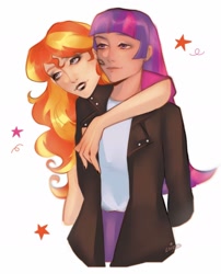 Size: 1620x2002 | Tagged: safe, artist:levzuk, imported from derpibooru, sunset shimmer, twilight sparkle, human, duo, female, humanized, lesbian, shipping, simple background, sunsetsparkle, white background