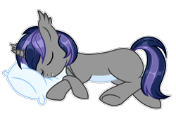 Size: 1600x1080 | Tagged: safe, artist:sarahsuresh-art, imported from derpibooru, oc, oc:dreaming star, bat pony, bat pony unicorn, hybrid, pony, unicorn, base used, bat pony oc, fangs, horn, male, pale belly, pillow, simple background, sleeping, solo, stallion, transparent background