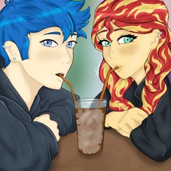 Size: 2048x2048 | Tagged: safe, artist:lisinxx_, imported from derpibooru, flash sentry, sunset shimmer, human, equestria girls, drink, drinking, female, flashimmer, male, shipping, straight, straw