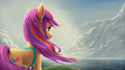 Size: 2560x1440 | Tagged: safe, artist:robsa990, imported from derpibooru, sunny starscout, earth pony, pony, beautiful, butt, cloud, female, g5, gazing, looking forward, mare, ocean, plot, sky, smiling, solo, standing, staring ahead, water, windswept mane