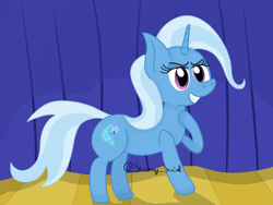 Size: 1600x1200 | Tagged: safe, artist:starry swirl, imported from derpibooru, trixie, pony, unicorn, female, grin, mare, missing accessory, smiling, solo, stage