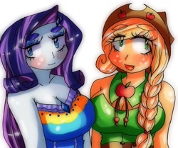 Size: 1153x966 | Tagged: safe, artist:araiiara123, imported from derpibooru, applejack, rarity, human, equestria girls, blushing, breasts, busty applejack, busty rarity, cleavage, duo, duo female, eye clipping through hair, eyebrows, eyebrows visible through hair, female, open mouth, open smile, smiling