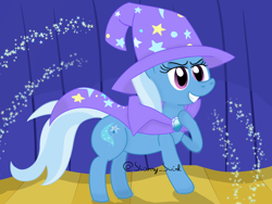 Size: 1600x1200 | Tagged: safe, alternate version, artist:starry swirl, imported from derpibooru, trixie, pony, unicorn, cape, clothes, female, fireworks, grin, hat, mare, smiling, solo, stage, trixie's cape, trixie's hat