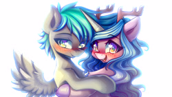 Size: 4000x2250 | Tagged: safe, artist:chaosangeldesu, imported from derpibooru, izzy moonbow, oc, pegasus, pony, unicorn, commission, cuddling, cute, duo, g5, hug, male, my little pony: a new generation, simple background, stallion, white background