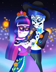 Size: 1688x2174 | Tagged: safe, artist:corlycolor, imported from derpibooru, flash sentry, sci-twi, twilight sparkle, human, equestria girls, dia de los muertos, duo, female, flashlight, male, sciflash, shipping, straight