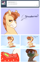 Size: 2720x4200 | Tagged: safe, artist:lolepopenon, imported from derpibooru, oc, oc only, oc:ray o'sunshine, pegasus, pony, worm, ask, comic, disgusted, food, pegasus oc, strawberry