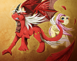 Size: 882x700 | Tagged: safe, artist:x0tashia0x, imported from derpibooru, fluttershy, oc, oc:draco scales, alicorn, pegasus, pony, pony to dragon, protecting, shipping, transformation