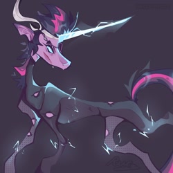 Size: 1280x1280 | Tagged: safe, artist:rus, imported from derpibooru, twilight sparkle, pony, unicorn, it's about time, bandage, catsuit, electricity, eyepatch, future twilight, glowing, glowing horn, gray background, horn, magic, magic aura, scar, simple background, solo, unicorn twilight