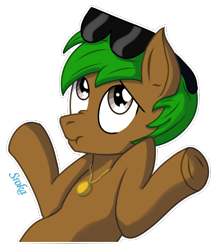 Size: 452x527 | Tagged: safe, artist:sroka, imported from derpibooru, oc, oc:peatmoss, colt, foal, glasses, green mane, jewelry, male, reaction image, scrunchy face, shrug