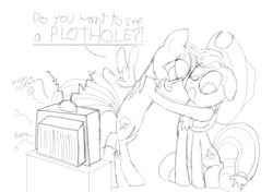 Size: 762x535 | Tagged: safe, artist:cgeta, imported from derpibooru, applejack, rainbow dash, earth pony, pegasus, pony, :c, duo, frown, implied lesbian, monochrome, plothole, pun, sketch, television