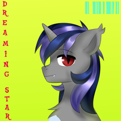 Size: 4000x4000 | Tagged: safe, artist:lamaka, imported from derpibooru, oc, oc:dreaming star, bat pony, bat pony unicorn, hybrid, pony, unicorn, bat pony oc, bust, chest fluff, commission, cyberpunk, fangs, horn, looking at you, male, pale belly, portrait, red eyes, simple background, solo, stallion, text, ych result