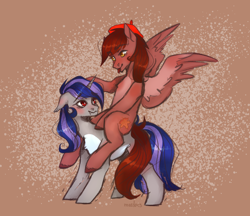 Size: 2468x2136 | Tagged: safe, artist:maslo<3, imported from derpibooru, oc, oc only, oc:autumn rosewood, oc:dreaming star, bat pony, bat pony unicorn, hybrid, pegasus, pony, unicorn, bat pony oc, beret, blushing, chest fluff, hat, horn, male, oc riding oc, pale belly, pegasus oc, ponies riding ponies, red eyes, riding, riding a pony, sitting on person, sitting on pony, spread wings, stallion, tongue out, wings