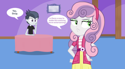 Size: 2468x1368 | Tagged: safe, artist:lunaticdawn, imported from derpibooru, rumble, sweetie belle, human, equestria girls, clothes, duo, duo male and female, equestria girls-ified, female, male, room, rumbelle, shipping, shirt, sitting, speech bubble, straight, table, teenager, text