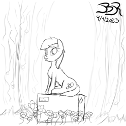 Size: 1000x1000 | Tagged: safe, artist:bifrose, imported from derpibooru, roseluck, earth pony, pony, box, cardboard box, female, forest, mare, simple background, sitting, solo