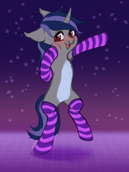 Size: 2232x2976 | Tagged: safe, artist:chukcha, imported from derpibooru, oc, oc:dreaming star, bat pony, bat pony unicorn, hybrid, pony, unicorn, bat pony oc, bipedal, blushing, chest fluff, clothes, cute, dance floor, dancing, fangs, femboy, happy, horn, looking at you, male, ocbetes, pale belly, red eyes, socks, stallion, striped socks