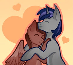 Size: 2449x2208 | Tagged: safe, artist:vatutina, imported from derpibooru, oc, oc:autumn rosewood, oc:dreaming star, bat pony, bat pony unicorn, hybrid, pegasus, pony, unicorn, bat pony oc, cuddling, cute, fangs, heart, horn, hug, love, male, ocbetes, pale belly, pegasus oc, spread wings, stallion, wings