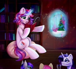 Size: 2400x2200 | Tagged: safe, artist:ske, imported from derpibooru, rarity, oc, oc:melody (melodylibris), pony, unicorn, book, bookshelf, christmas, christmas tree, holiday, illusion, smiling, storytelling, tree