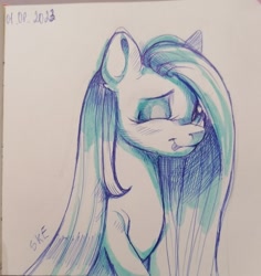 Size: 2039x2160 | Tagged: safe, artist:ske, imported from derpibooru, pony, :p, hair over one eye, looking at you, one eye closed, pen drawing, sketch, smiling, solo, tongue out, traditional art, wink, winking at you