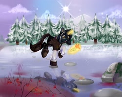 Size: 3400x2700 | Tagged: safe, artist:ske, imported from derpibooru, oc, oc only, pony, unicorn, flower, forest, ice, lake, levitation, magic, reflection, snow, solo, telekinesis, tree, water