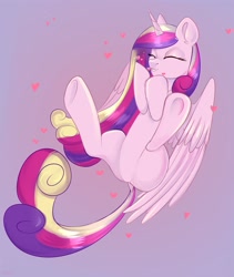 Size: 2500x2960 | Tagged: safe, artist:ske, imported from derpibooru, princess cadance, alicorn, pony, belly, dock, eyes closed, featureless crotch, happy, heart, legs in air, partially open wings, smiling, solo, spread wings, tail, underhoof, wings