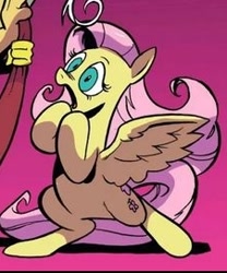 Size: 226x272 | Tagged: safe, idw, imported from derpibooru, fluttershy, pegasus, pony, bipedal, cropped, female, gasp, gradient background, mare, offscreen character, reaction image, solo focus