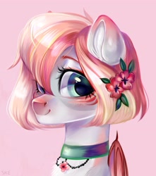 Size: 3438x3894 | Tagged: safe, artist:ske, imported from derpibooru, oc, oc only, bat pony, pony, :3, blushing, choker, ear fluff, flower, flower in hair, hair over one eye, looking at you, smiling, solo