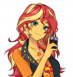 Size: 2098x2193 | Tagged: safe, artist:cottonsweets, imported from derpibooru, sunset shimmer, human, equestria girls, clothes, device, female, jewelry, necklace, pendant, shirt, simple background, smiling, solo, t-shirt, vest, white background