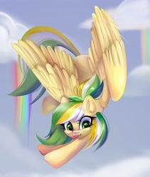 Size: 3461x4096 | Tagged: safe, artist:ske, imported from derpibooru, oc, oc only, pegasus, pony, cloud, flying, rainbow, raspberry, solo, spread wings, tongue out, wings