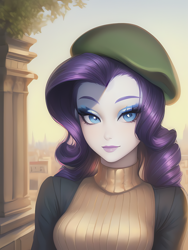 Size: 1020x1360 | Tagged: safe, imported from derpibooru, rarity, human, equestria girls, ai content, ai generated, beautiful, beret, breasts, bush, busty rarity, clothes, column, eyeshadow, fashion, female, generator:stable diffusion, hat, humanized, light skin, lips, lipstick, looking at you, makeup, prompter:sammykun, shadow, solo, sweater