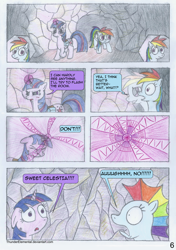 Size: 1600x2268 | Tagged: safe, artist:thunderelemental, imported from derpibooru, rainbow dash, twilight sparkle, pegasus, pony, unicorn, comic:swarm rising, cave, comic, magic, speech bubble, tunnel