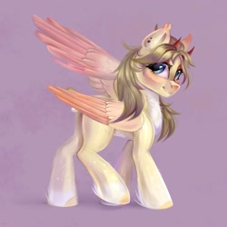 Size: 2000x2000 | Tagged: safe, artist:ske, imported from derpibooru, oc, oc only, pegasus, pony, chest fluff, ear piercing, horns, looking at you, piercing, short tail, smiling, solo, spread wings, tail, wings