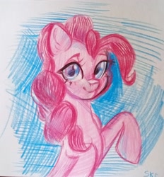 Size: 2006x2160 | Tagged: safe, artist:ske, imported from derpibooru, pinkie pie, earth pony, pony, looking at you, raised hoof, solo, traditional art