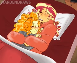 Size: 1166x946 | Tagged: safe, alternate version, artist:wardensballs, imported from derpibooru, adagio dazzle, sunset shimmer, human, equestria girls, cuddling, duo, female, lesbian, shipping, sleeping, sunsagio