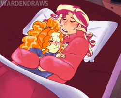 Size: 1166x946 | Tagged: safe, alternate version, artist:wardensballs, imported from derpibooru, adagio dazzle, sunset shimmer, human, equestria girls, cuddling, duo, female, lesbian, shipping, sleeping, sunsagio