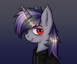 Size: 6000x5000 | Tagged: safe, artist:fraiter, imported from derpibooru, oc, oc only, oc:dreaming star, bat pony, bat pony unicorn, hybrid, pony, unicorn, bat pony oc, bust, clothes, commission, fangs, hoodie, horn, looking at you, male, portrait, red eyes, solo, stallion