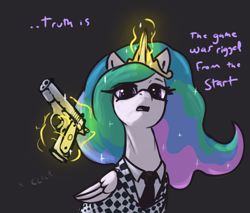 Size: 2030x1730 | Tagged: safe, artist:t72b, imported from derpibooru, princess celestia, alicorn, pony, derpibooru, april fools, april fools 2023, benny, clothes, crown, dialogue, fallout, fallout: new vegas, female, gun, handgun, hilarious in hindsight, jewelry, looking at you, magic, mare, meme, meta, necktie, open mouth, pistol, regalia, solo, suit, telekinesis, weapon