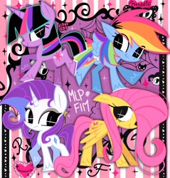 Size: 1960x2048 | Tagged: safe, artist:bland__boy, imported from derpibooru, fluttershy, rainbow dash, rarity, twilight sparkle, pony, unicorn, chibi, heart, smiling, spread wings, unicorn twilight, wings