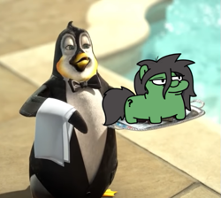 Size: 549x493 | Tagged: safe, artist:fluttershank, imported from derpibooru, oc, oc:anon-mare, bird, penguin, butler, commercial, dole dippers, meme, squatpony, swimming pool, towel