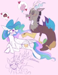 Size: 694x894 | Tagged: safe, artist:sunbutt.worshipper, imported from derpibooru, discord, princess celestia, alicorn, draconequus, pony, cake, cheek kiss, dislestia, duo, female, food, heart, horn, kissing, male, pink background, shipping, simple background, sketch, straight, thought bubble