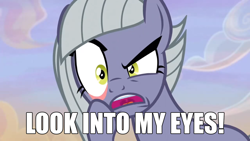 Size: 2190x1232 | Tagged: safe, edit, edited screencap, imported from derpibooru, screencap, limestone pie, earth pony, pony, hearthbreakers, caption, eye, eyelid pull, eyes, ghost rider, image macro, looking at you, meme, staring into your soul, text, text edit