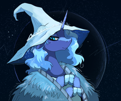 Size: 1417x1187 | Tagged: safe, artist:paskanaakka, derpibooru exclusive, imported from derpibooru, princess luna, alicorn, pony, bust, clothes, colored hooves, elden ring, floppy ears, hat, moon, night, portrait, ranni the witch, robe, solo, stars, unshorn fetlocks, witch hat