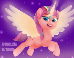 Size: 840x660 | Tagged: safe, artist:twiliysa, imported from derpibooru, sunny starscout, alicorn, pony, female, flying, g5, glowing, glowing horn, horn, mane stripe sunny, mare, my little pony: a new generation, race swap, solo, sunnycorn
