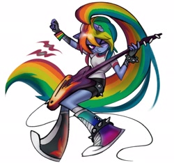 Size: 2048x1918 | Tagged: safe, artist:swagzeta671, imported from derpibooru, rainbow dash, anthro, plantigrade anthro, alternate hairstyle, electric guitar, guitar, looking at you, musical instrument, one eye closed, solo, spiked belt, spiked wristband, wingless, wingless anthro, wristband