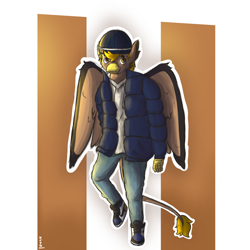 Size: 1846x1846 | Tagged: safe, artist:duckores, imported from derpibooru, oc, oc:pad, anthro, griffon, abstract background, anthro oc, beanie, clothes, denim, griffon oc, hat, hoodie, jacket, jeans, pants, solo, wings