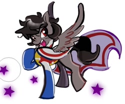 Size: 646x540 | Tagged: safe, artist:swagzeta671, imported from derpibooru, pegasus, pony, cape, clothes, eyebrows, eyebrows visible through hair, looking at you, open mouth, open smile, smiling, solo, spread wings, superhero, wings