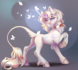 Size: 3895x3500 | Tagged: safe, artist:mithriss, imported from derpibooru, oc, oc only, butterfly, pony, unicorn, crystal horn, ear fluff, ear piercing, fluffy, fringe, frog (hoof), hoofbutt, hooves, horn, jewelry, leonine tail, male, piercing, raised leg, ring, simple background, smiling, solo, stallion, tail, underhoof, unshorn fetlocks