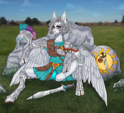 Size: 2303x2098 | Tagged: safe, imported from derpibooru, oc, oc:light knight, pegasus, pony, armor, armor skirt, clothes, fantasy class, greece, greek, guard, helmet, implied princess celestia, knight, military, military uniform, roman, shield, skirt, spartan, sun, sword, underwear, uniform, warrior, weapon