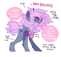 Size: 834x792 | Tagged: safe, artist:batthsalts, imported from derpibooru, oc, oc only, oc:lila-mu, pegasus, pony, bag, clothes, dialogue, ear piercing, earring, flower, jewelry, piercing, purple eyes, saddle bag, scarf, simple background, smiling, solo, spread wings, standing, striped scarf, text, white background, wings